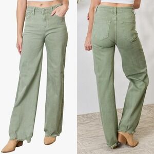 RISEN NEW Women's 1XL Olive High Rise Wide Leg Distressed Raw Hem Denim Jeans
